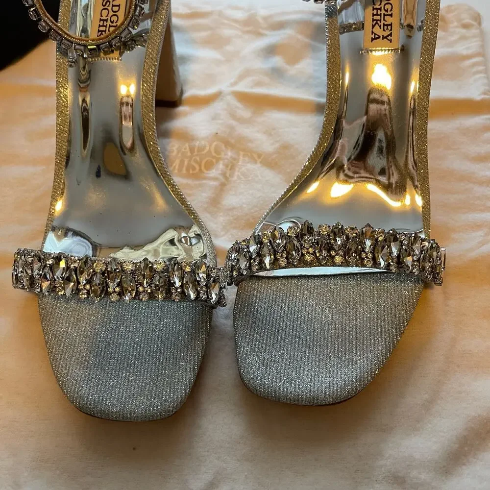 Badgley Mischka Rose Gold Crystal Block Heel Sandals - Picture 5 of 10